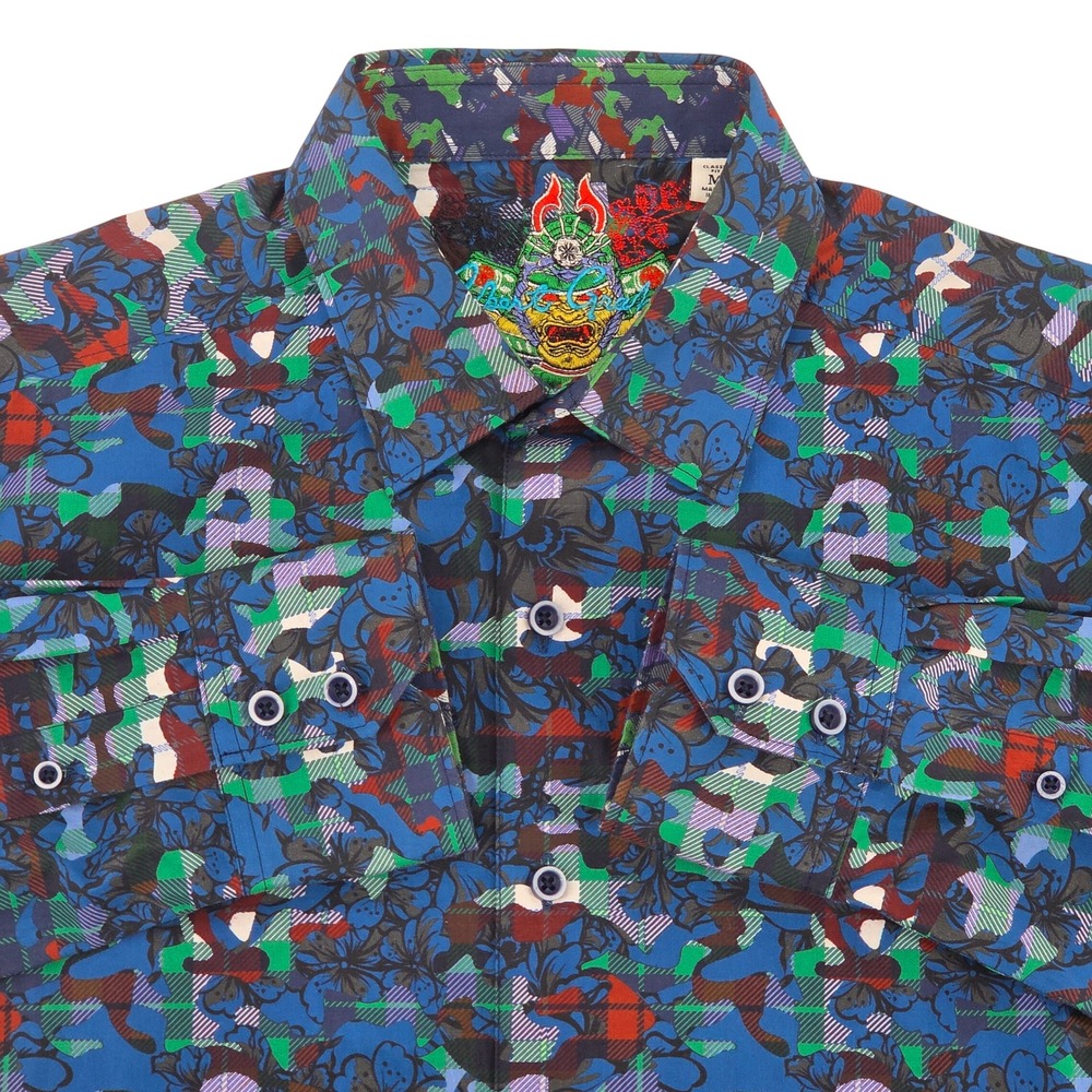 Robert Graham Button Down Shirt Blue Samurai Graphic Floral Streetwear‎ M Camo